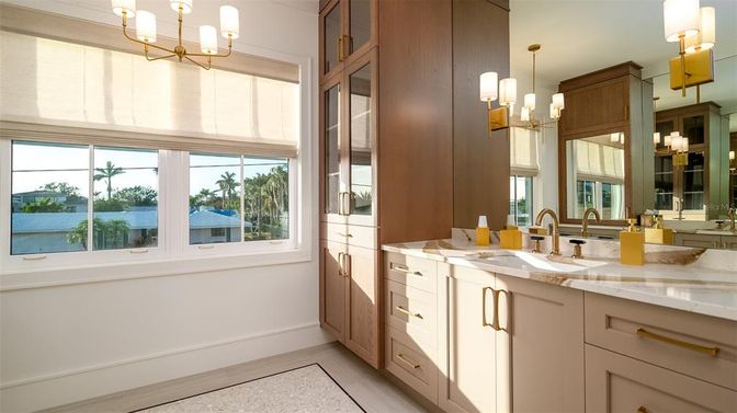 Bathroom, Dual Sink Vanities, Interior, Pendant Lights, Wood Texture Flooring