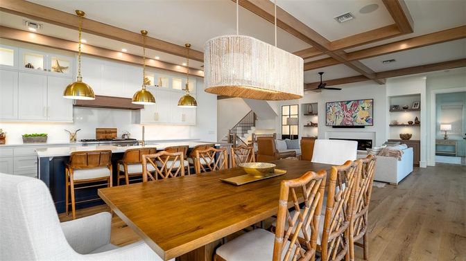 Dining room, Fireplace, Interior, Kitchen, Living room, Pendant Lights, Recessed Lighting, Wooden Beams, Wood Texture Flooring