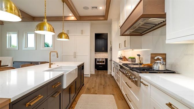 Interior, Kitchen, Pendant Lights, Recessed Lighting, Stainless Steel Appliances, Wood Texture Flooring