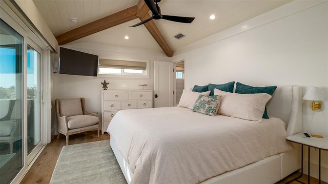 Bedroom, Interior, Recessed Lighting, Wooden Beams, Wood Texture Flooring