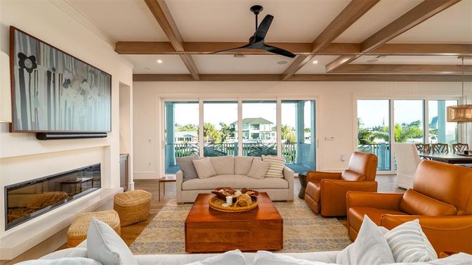 Dining room, Fireplace, Interior, Living room, Pendant Lights, Recessed Lighting, Wooden Beams