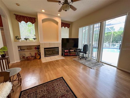 Fireplace, Interior, Recessed Lighting, Wood Texture Flooring