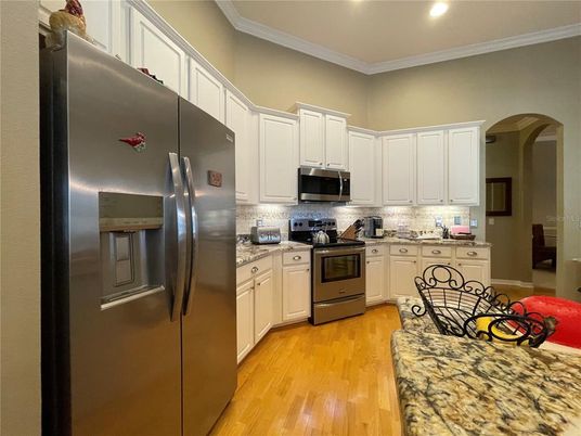 Interior, Kitchen, Recessed Lighting, Stainless Steel Appliances, Wood Texture Flooring