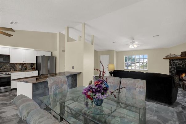 Dining room, Fireplace, Interior, Kitchen, Living room