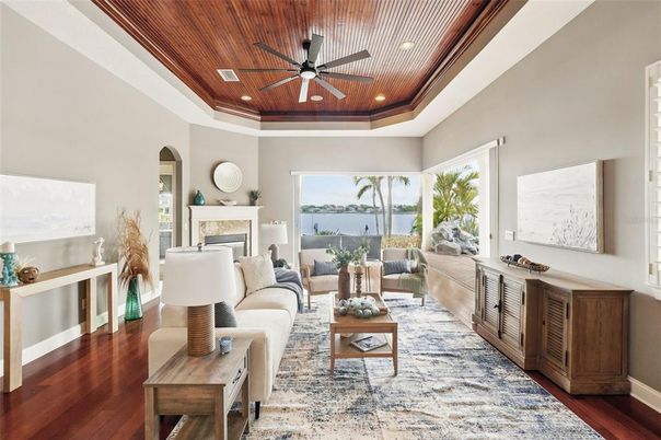 Fireplace, Interior, Living room, Recessed Lighting, Wooden Ceilings, Wood Texture Flooring