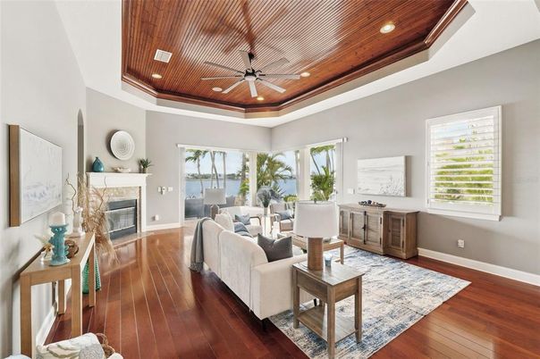 Fireplace, Interior, Living room, Recessed Lighting, Wooden Ceilings, Wood Texture Flooring