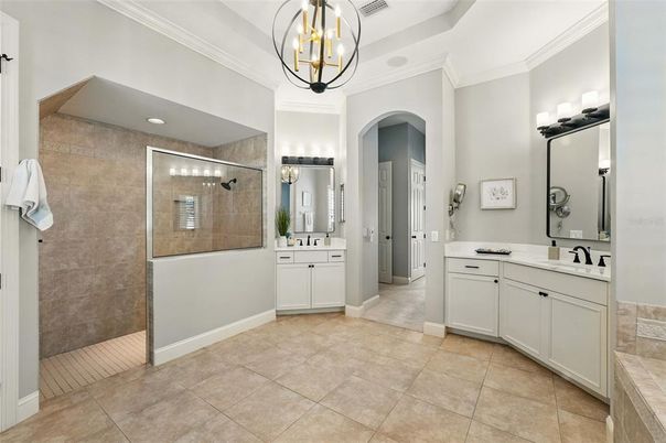 Bathroom, Dual Sink Vanities, Glass Shower, Interior, Pendant Lights, Recessed Lighting