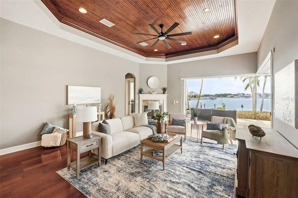 Fireplace, Interior, Living room, Recessed Lighting, Water, Wooden Ceilings, Wood Texture Flooring