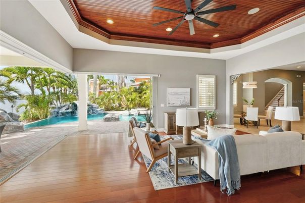 Dining room, Interior, Living room, Pool, Recessed Lighting, Wooden Ceilings, Wood Texture Flooring
