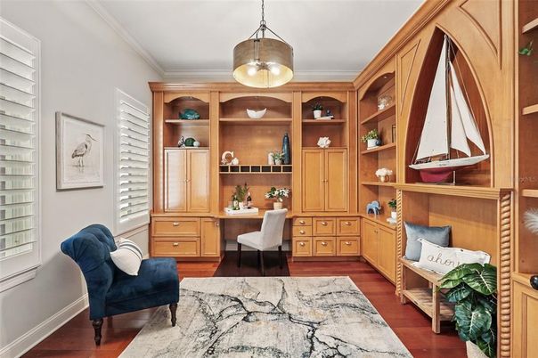 Home Office, Interior, Pendant Lights, Wood Texture Flooring