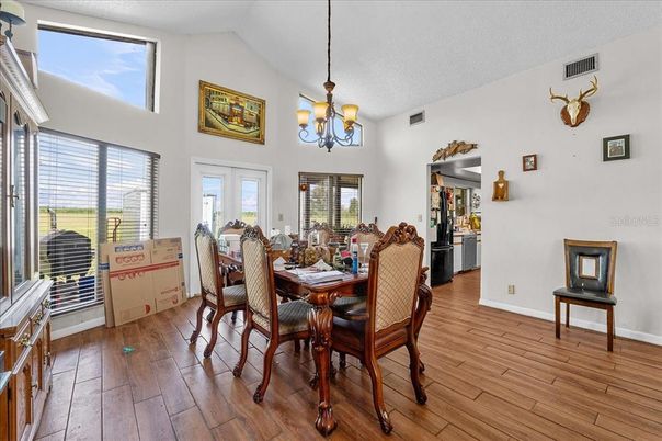 Chandelier, Dining room, Interior, Wood Texture Flooring