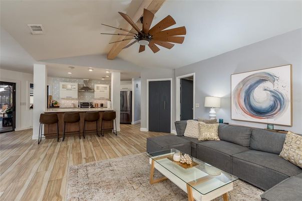 Interior, Kitchen, Living room, Recessed Lighting, Stainless Steel Appliances, Wooden Beams, Wood Texture Flooring