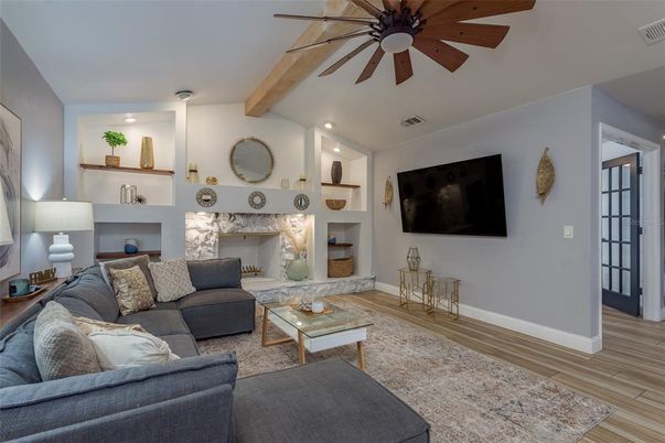 Fireplace, Interior, Living room, Recessed Lighting, Wooden Beams, Wood Texture Flooring