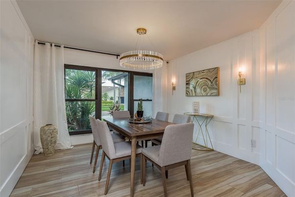 Chandelier, Dining room, Interior, Wood Texture Flooring