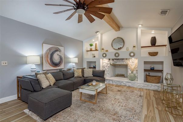 Fireplace, Interior, Living room, Recessed Lighting, Wooden Beams, Wood Texture Flooring