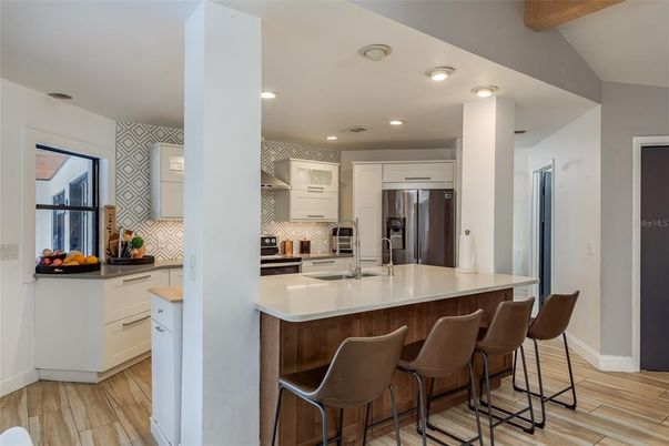 Interior, Kitchen, Recessed Lighting, Stainless Steel Appliances, Wooden Beams, Wood Texture Flooring