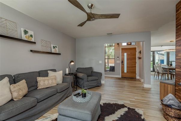 Dining room, Interior, Living room, Pendant Lights, Wood Texture Flooring
