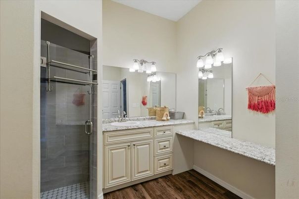 Bathroom, Dual Sink Vanities, Glass Shower, Interior, Wood Texture Flooring
