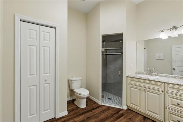 Bathroom, Glass Shower, Interior, Wood Texture Flooring