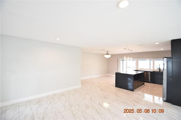 Chandelier, Empty room, Interior, Kitchen, Marble, Recessed Lighting