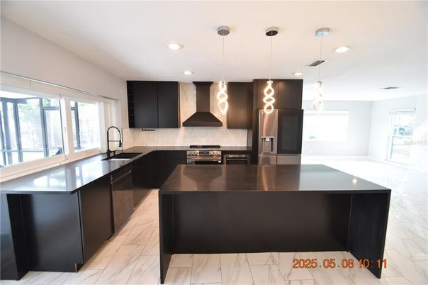 Interior, Kitchen, Marble, Pendant Lights, Recessed Lighting, Stainless Steel Appliances