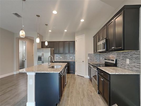 Interior, Kitchen, Pendant Lights, Recessed Lighting, Stainless Steel Appliances, Wood Texture Flooring