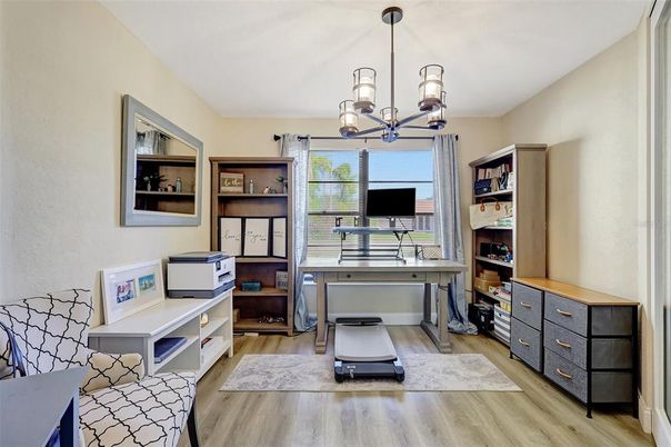Home Office, Interior, Pendant Lights, Wood Texture Flooring