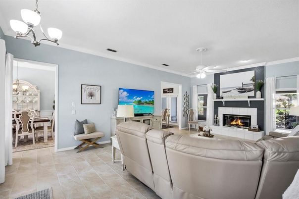 Chandelier, Dining room, Fireplace, Interior, Living room, Pendant Lights, Recessed Lighting