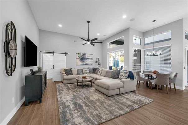 Chandelier, Dining room, Interior, Living room, Pendant Lights, Recessed Lighting, Wood Texture Flooring