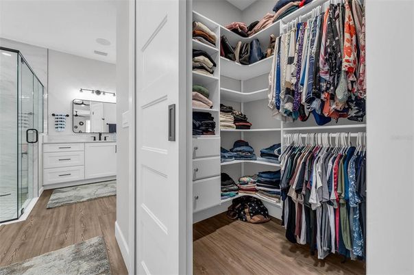 Bathroom, Glass Shower, Interior, Walk-in Closets, Wood Texture Flooring