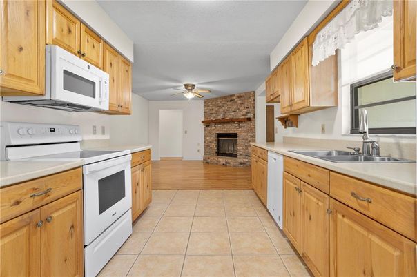 Fireplace, Interior, Kitchen, Stone Walls, Wood Texture Flooring