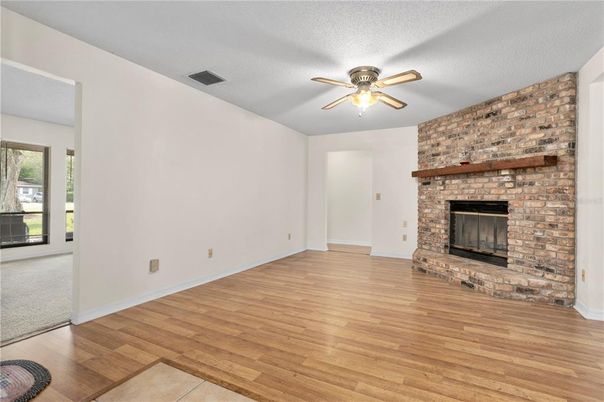 Empty room, Fireplace, Interior, Stone Walls, Wood Texture Flooring