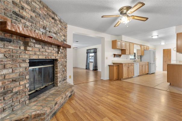 Fireplace, Interior, Kitchen, Stone Walls, Wood Texture Flooring