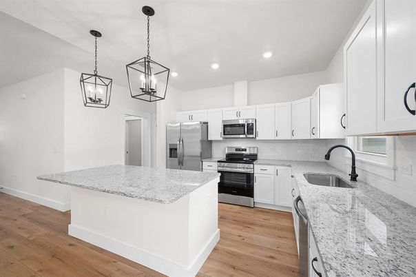 Interior, Kitchen, Pendant Lights, Recessed Lighting, Stainless Steel Appliances, Wood Texture Flooring