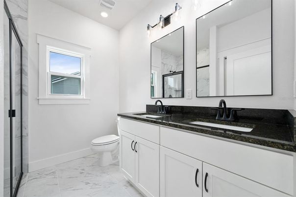 Bathroom, Dual Sink Vanities, Interior, Marble, Recessed Lighting