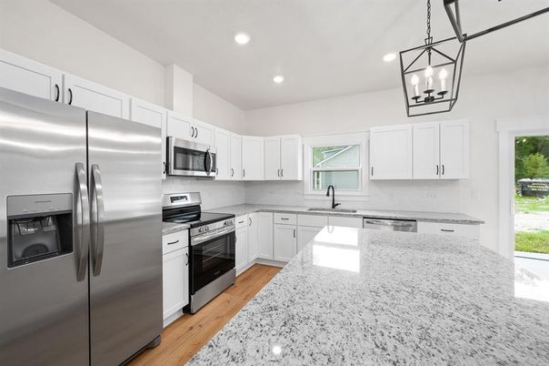 Interior, Kitchen, Pendant Lights, Recessed Lighting, Stainless Steel Appliances, Wood Texture Flooring