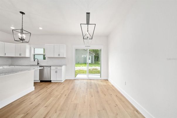 Interior, Kitchen, Pendant Lights, Recessed Lighting, Wood Texture Flooring