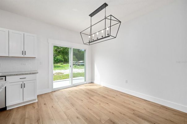Chandelier, Empty room, Interior, Kitchen, Pendant Lights, Wood Texture Flooring
