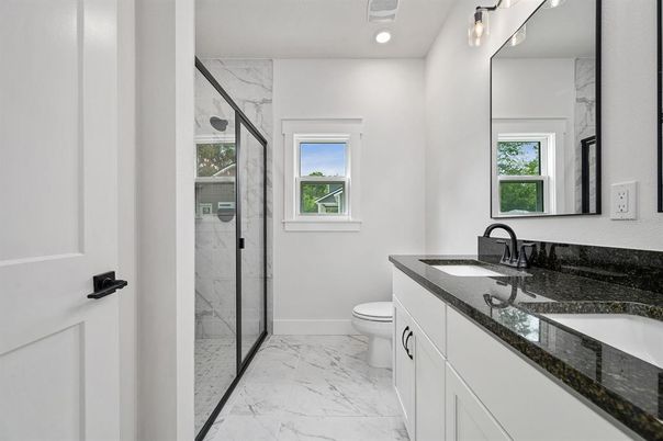 Bathroom, Glass Shower, Interior, Marble, Marble Walls, Recessed Lighting