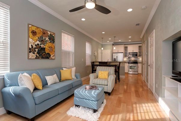 Interior, Kitchen, Living room, Pendant Lights, Recessed Lighting, Stainless Steel Appliances, Wood Texture Flooring