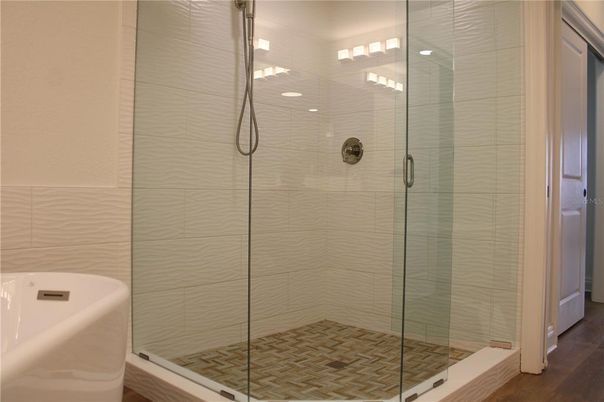 Bathroom, Glass Shower, Interior, Wood Texture Flooring