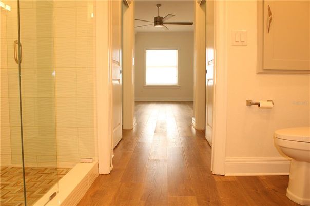 Bathroom, Glass Shower, Interior, Wood Texture Flooring