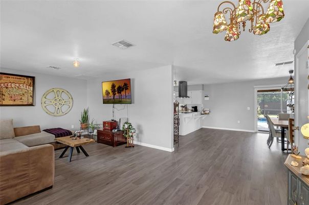 Dining room, Interior, Kitchen, Living room, Pendant Lights, Wood Texture Flooring