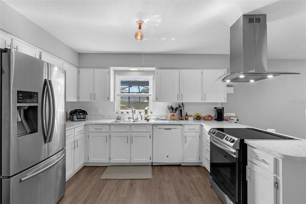 Interior, Kitchen, Pendant Lights, Stainless Steel Appliances, Wood Texture Flooring