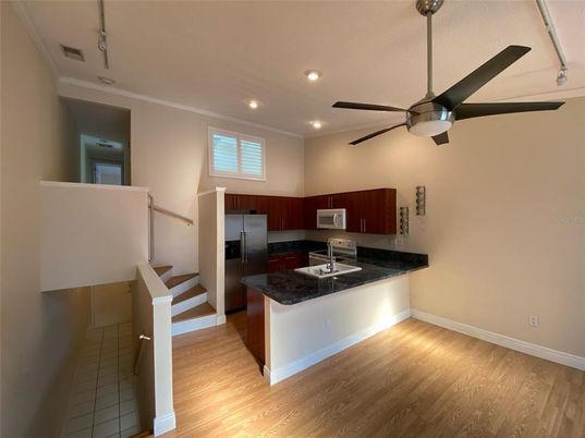 Interior, Kitchen, Recessed Lighting, Wood Texture Flooring