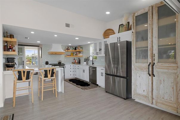 Interior, Kitchen, Recessed Lighting, Stainless Steel Appliances, Wood Texture Flooring