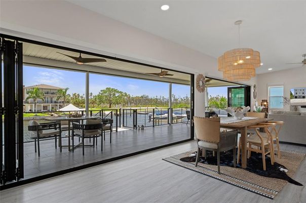 Chandelier, Dining room, Interior, Recessed Lighting, Water, Wood Texture Flooring