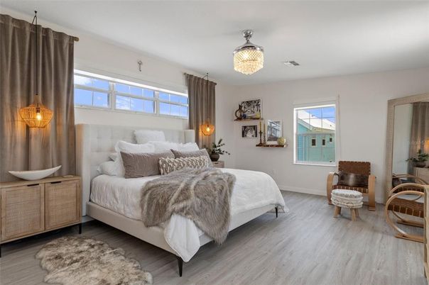 Bedroom, Chandelier, Interior, Wood Texture Flooring