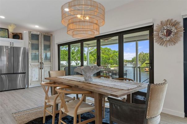 Chandelier, Dining room, Interior, Recessed Lighting, Wood Texture Flooring
