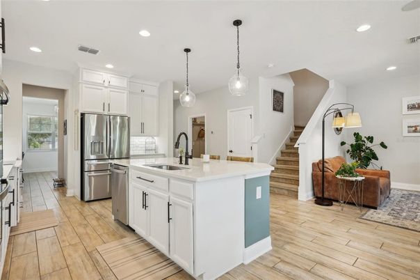 Interior, Kitchen, Pendant Lights, Recessed Lighting, Stainless Steel Appliances, Wood Texture Flooring